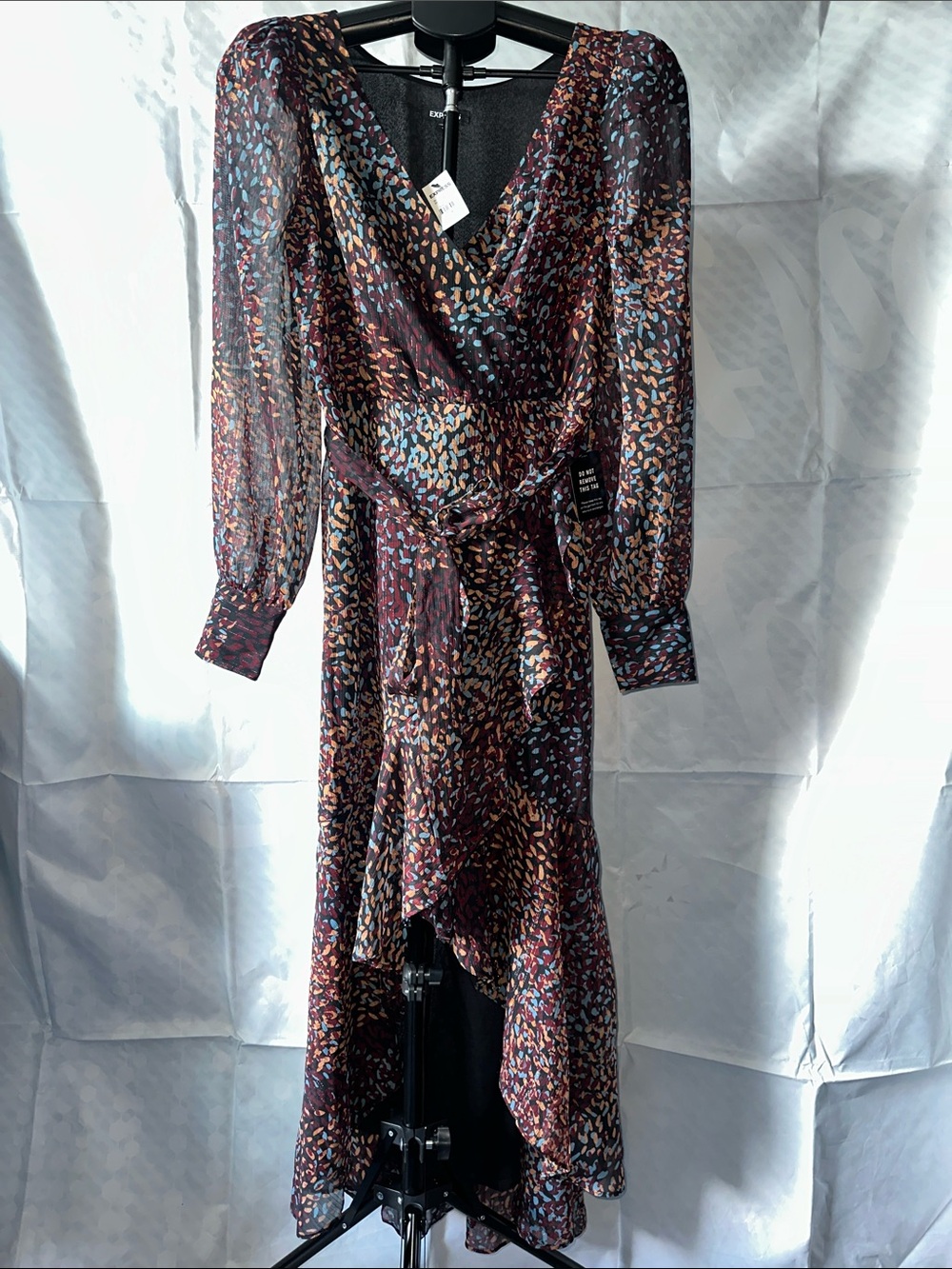 Express Burgundy Multi-Print High-Low Wrap Dress